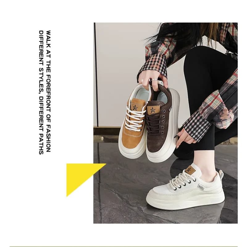 Scarpe Casual da Donna Bianche e Marroni, Sneakers con Suola Morbida e Piattaforma, in Pelle con Lacci, Versatili, Trendy, per Studentesse, Calzature Streetwear