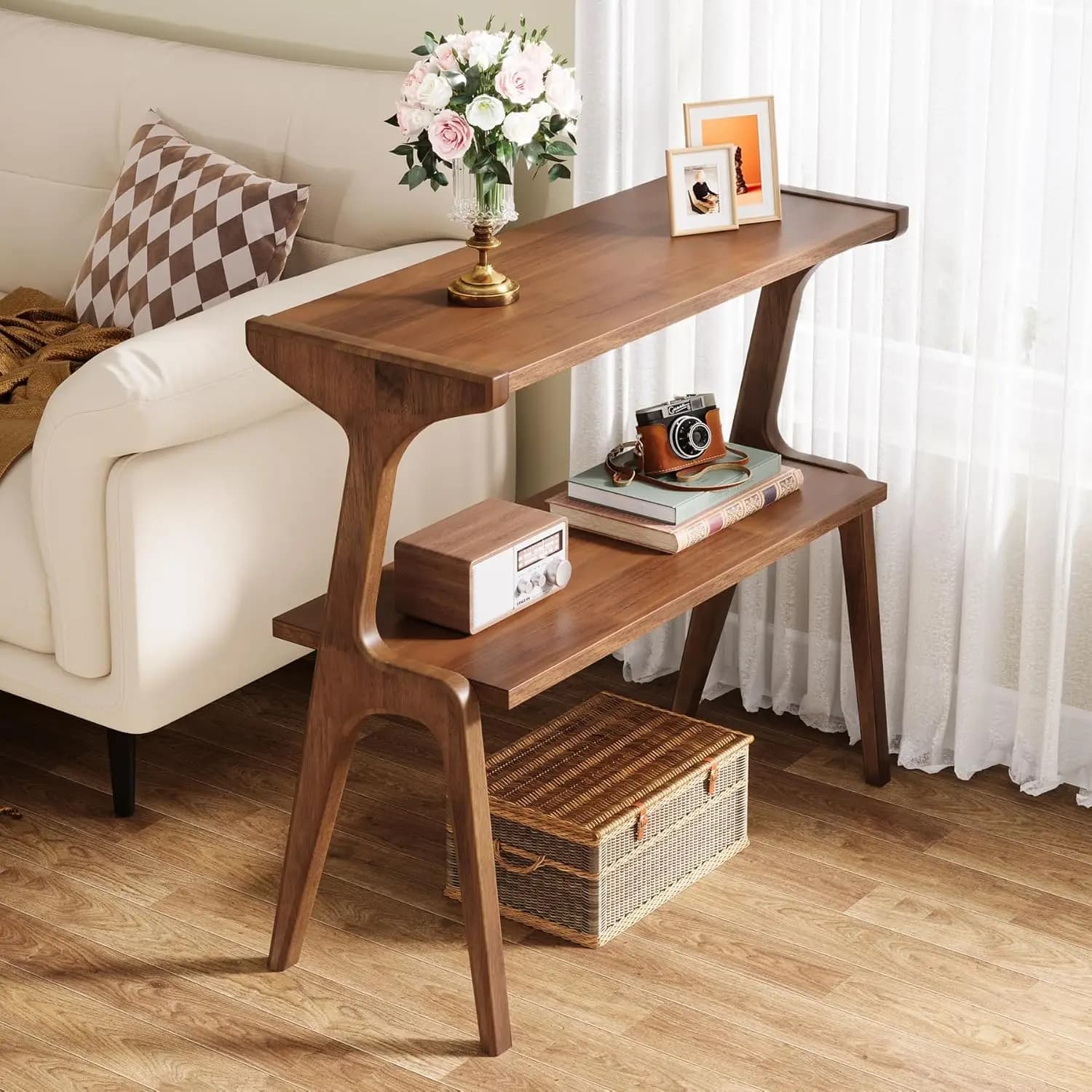 Tavolino Laterale in Legno Massello, Tavolino da Divano a 2 Livelli Stile Rustico, Tavolino Alto e Sottile con Ripiano Portaoggetti, Personalizzabile