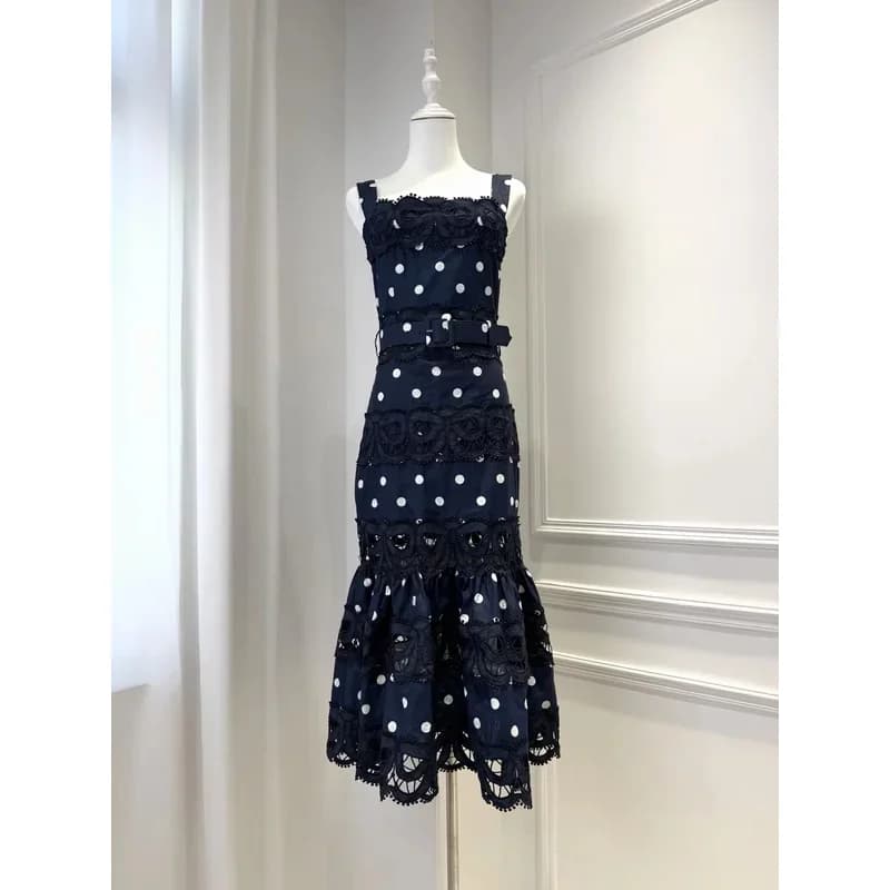 2026 Women's Polka Dot Print Long Dress Linen and Cotton Lace Patchwork Square Collar Sleeveless High Waist Fashion Ladies Robe