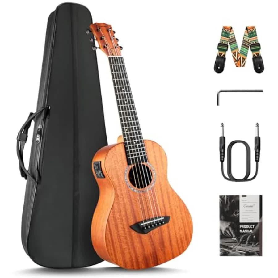 30 inch All Solid Mahogany 6 String Ukulele Guitalele for Beginners, Natural Wood Color with LCD Color Display, Electric Acoust
