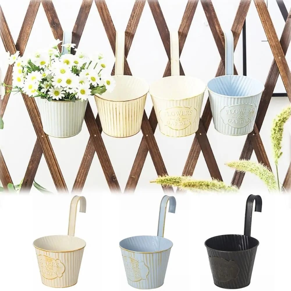Vasi da Fiori in Metallo con Ganci, Fioriera da Parete Sospesa, Vaso per Fiori Drenabile da Ringhiera, per Giardino Esterno