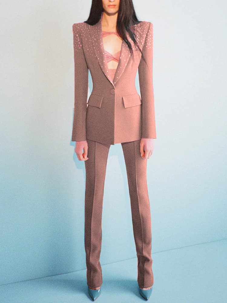 Elegant Women's Dress with Single-breasted Blazer and Pants, Decorated with Diamonds and Beads, Spring/Summer 2026 Collection - Latest Career Fashion Trend