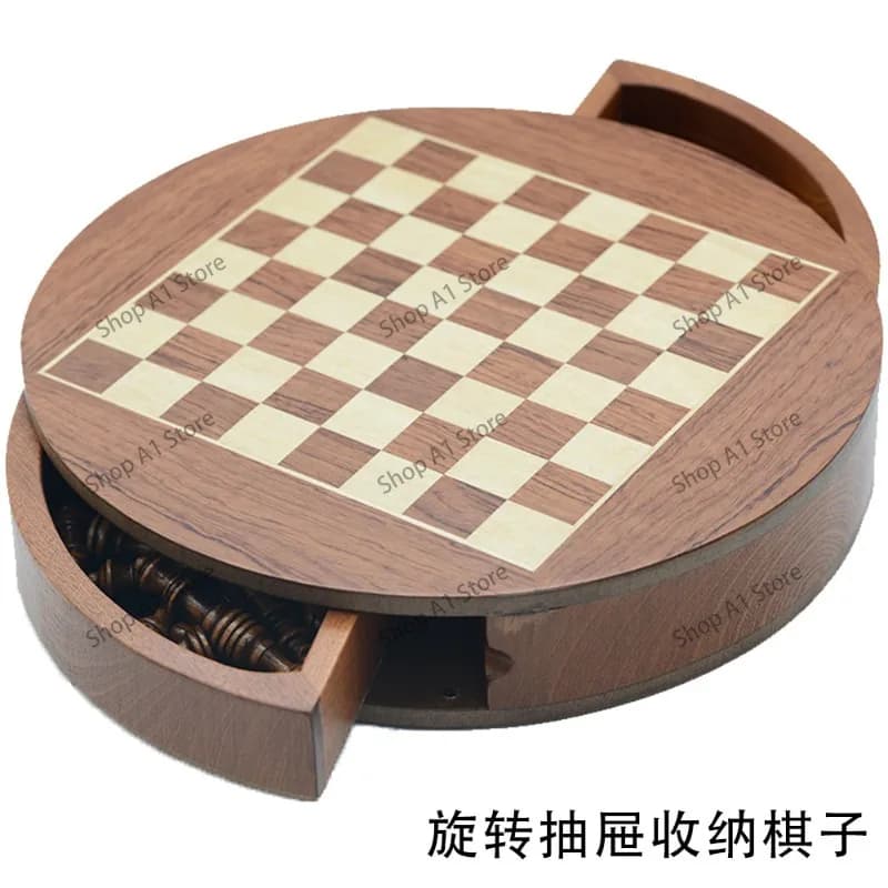 Round Wooden Magnetic Chess Set, Rotatable Drawer Chess Board, Portable Storage Tabletop Board Game for Entertainment