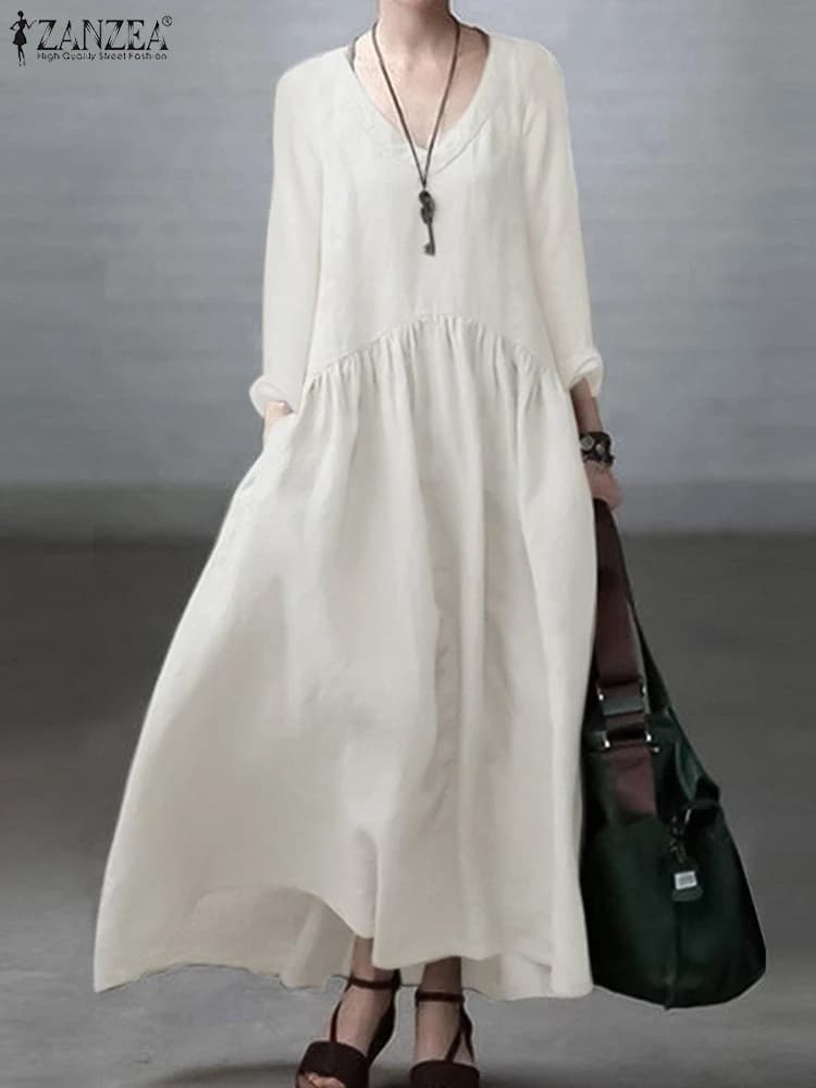 Autunno Vintage abito lungo donna elegante abito da festa abiti ZANZEA Casual Solid manica lunga prendisole eleganti abiti larghi