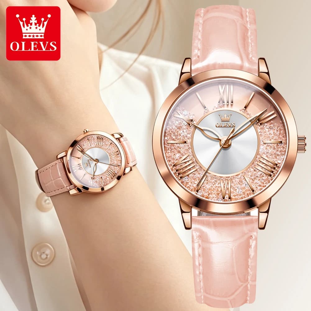 OLEVS Original Pink Leather Watch for Women Elegant Quartz Movement Waterproof Vintage Classic Watch Relojes para Mujer 5539