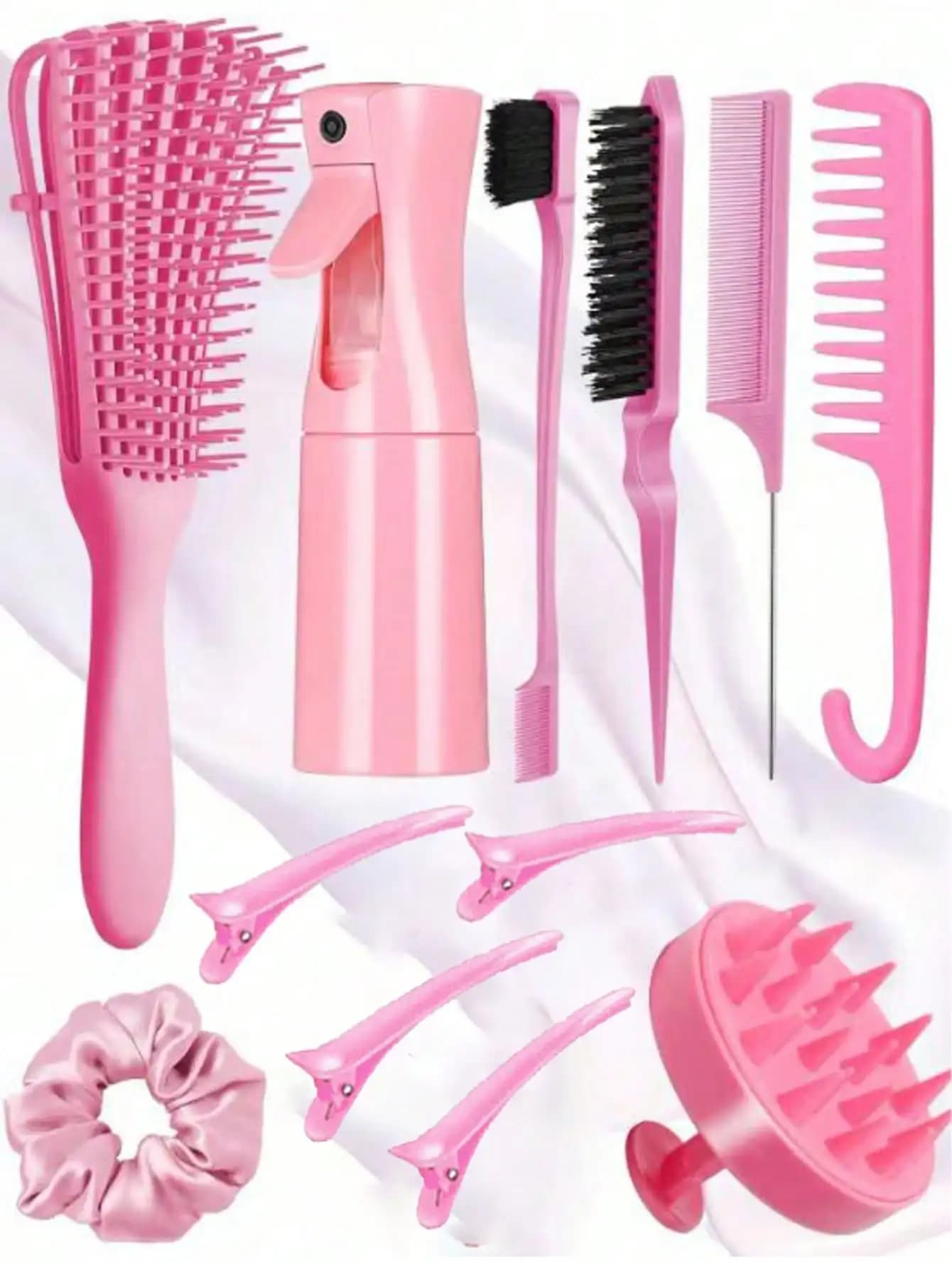 Set da 12 pezzi/Set di pettini a forma di polpo per ragazza, per uso a secco e a umido, inclusi pettine a coda appuntita, pettine a coda di topo, pettine per bordi, spazzola per capelli, fermaglio per capelli, pettine a denti larghi; (6,8 Oz/200 Ml) Spray idratante continuo multifunzionale ad alta pressione, piccolo e portatile.