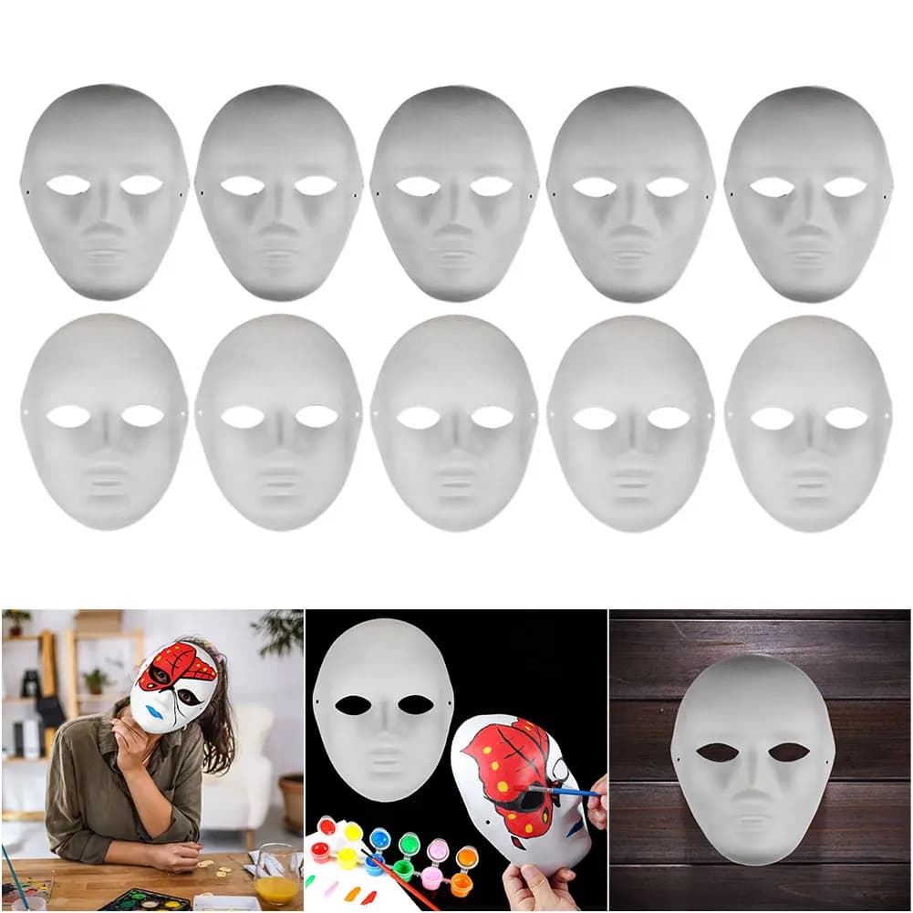 Maschera bianca da 10 pezzi con superficie liscia, maschera per tutto il viso, maschera creativa in carta dipingibile, maschera da masquerade fai da te per uomini e donne