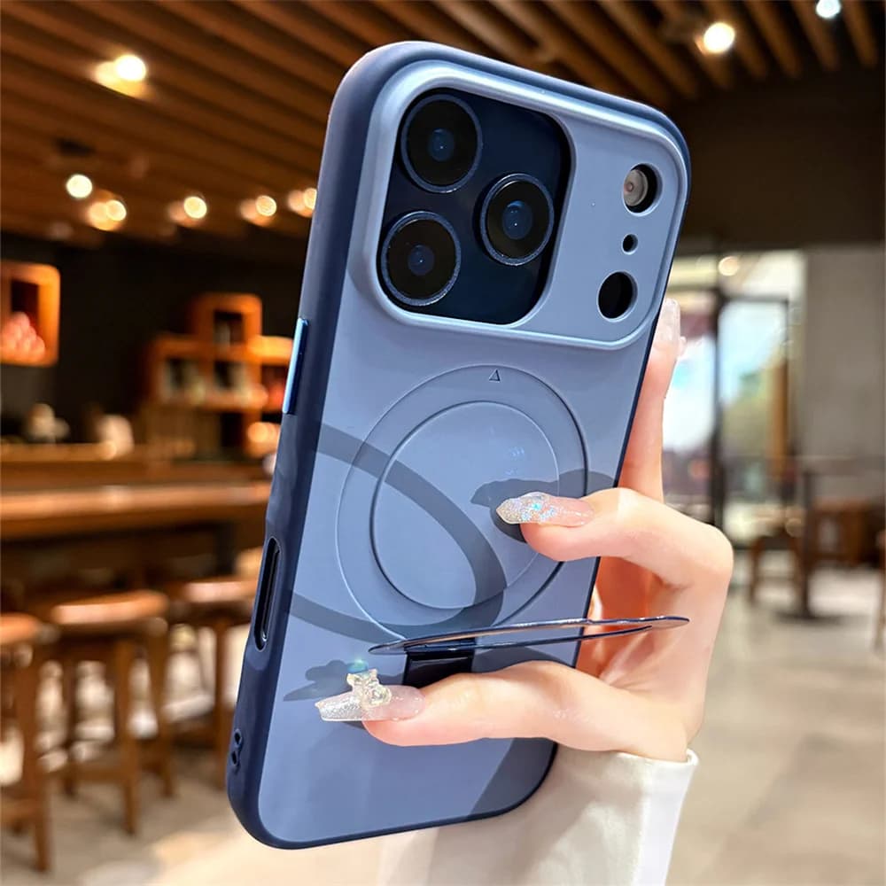 Custodia per telefono di lusso con supporto magnetico pieghevole per iPhone 17 16 Pro Max 15 14 Plus 13, antiurto, opaca, protettiva, cover posteriore