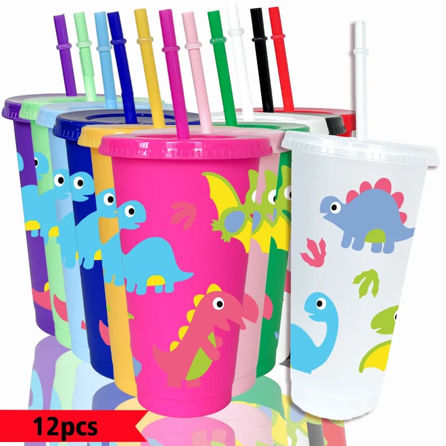 Confezione da 12 Bicchieri in Plastica Colorata da 26oz con Motivi di Dinosauri e Foglie per Feste di Ritorno a Scuola e Regali di Compleanno