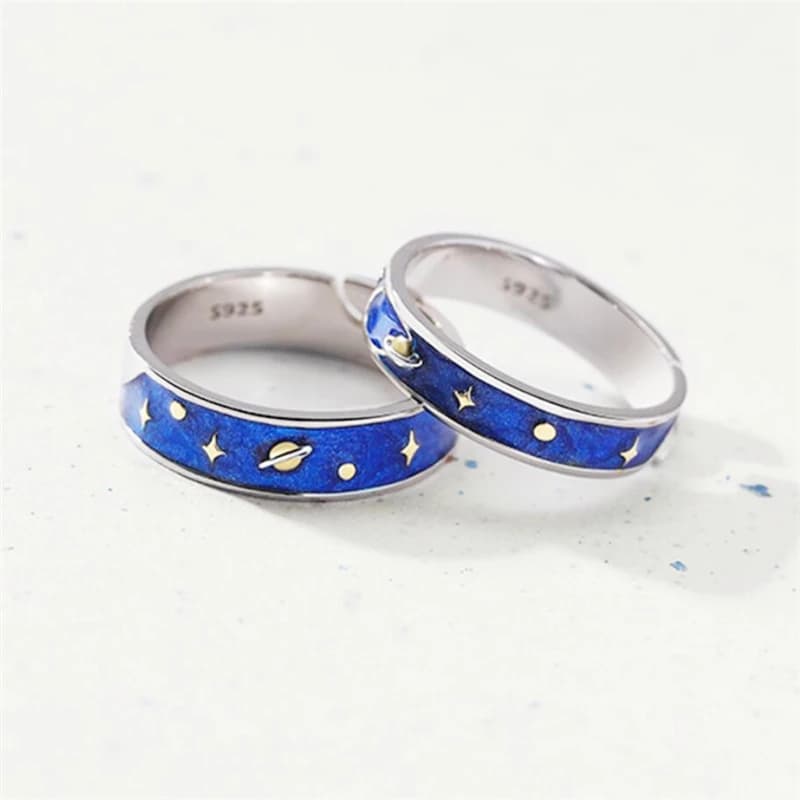 Blue Drip Glaze Stars Moon Sky 925 Sterling Silver Fine Resizable Opening Ring For Women Luxury Jewelry RI521