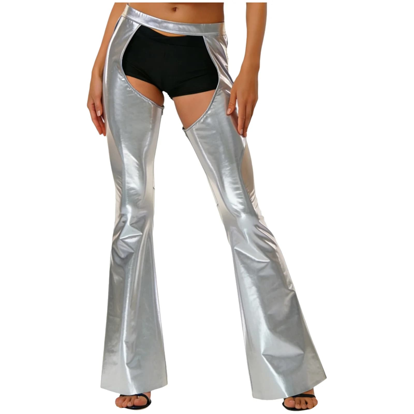 Pantaloni a Zampa d'Elefante Metallizzati Lucidi da Donna con Apertura all'Inguine, per Danza Disco Jazz, con Elastico in Vita, Ideali per Feste in Discoteca