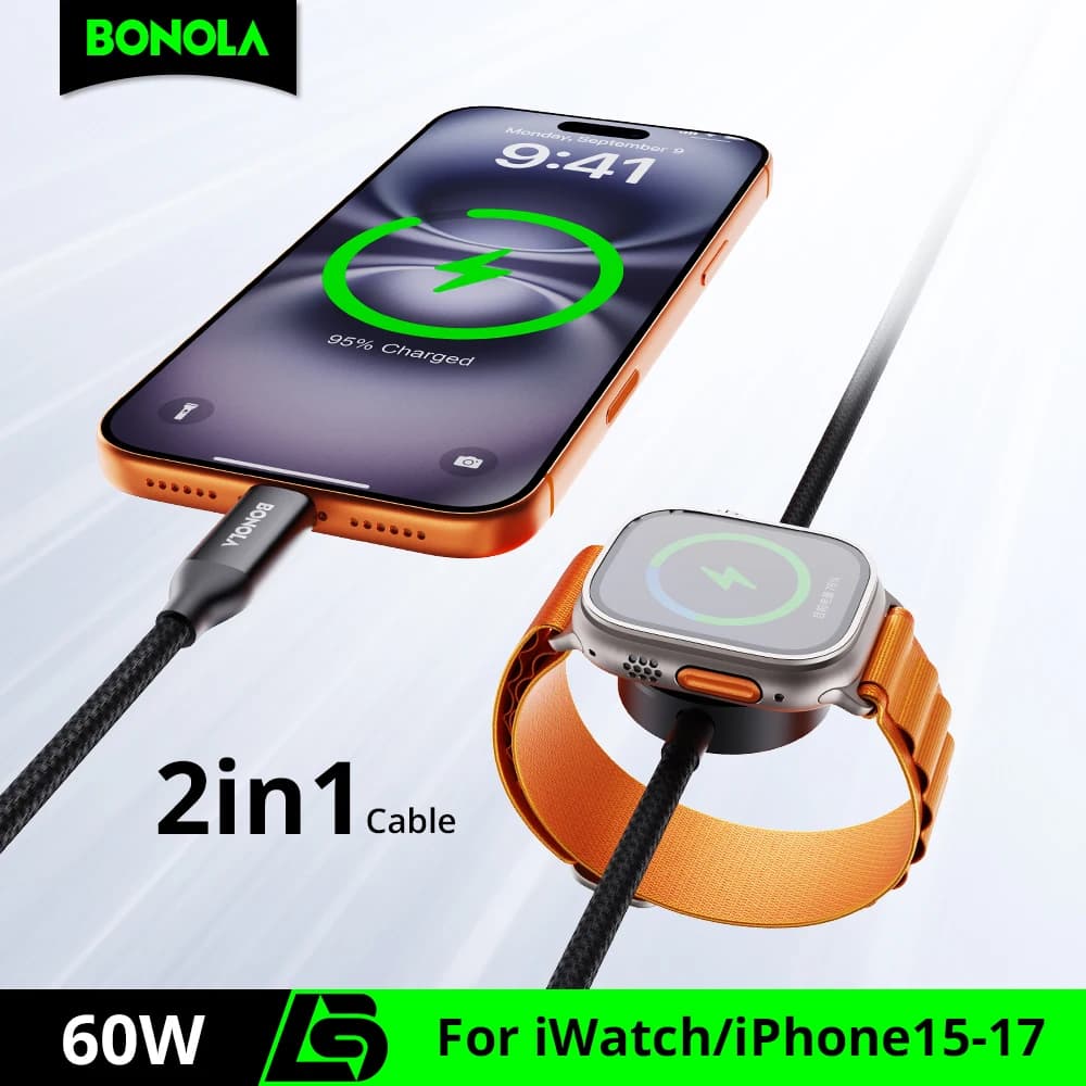 Cavo di ricarica rapida Bonola 2 in 1 per Apple Watch Ultra 11/10, cavo di ricarica super veloce da USB-C a USB-C da 60W per iPhone 17/16/15 Pro