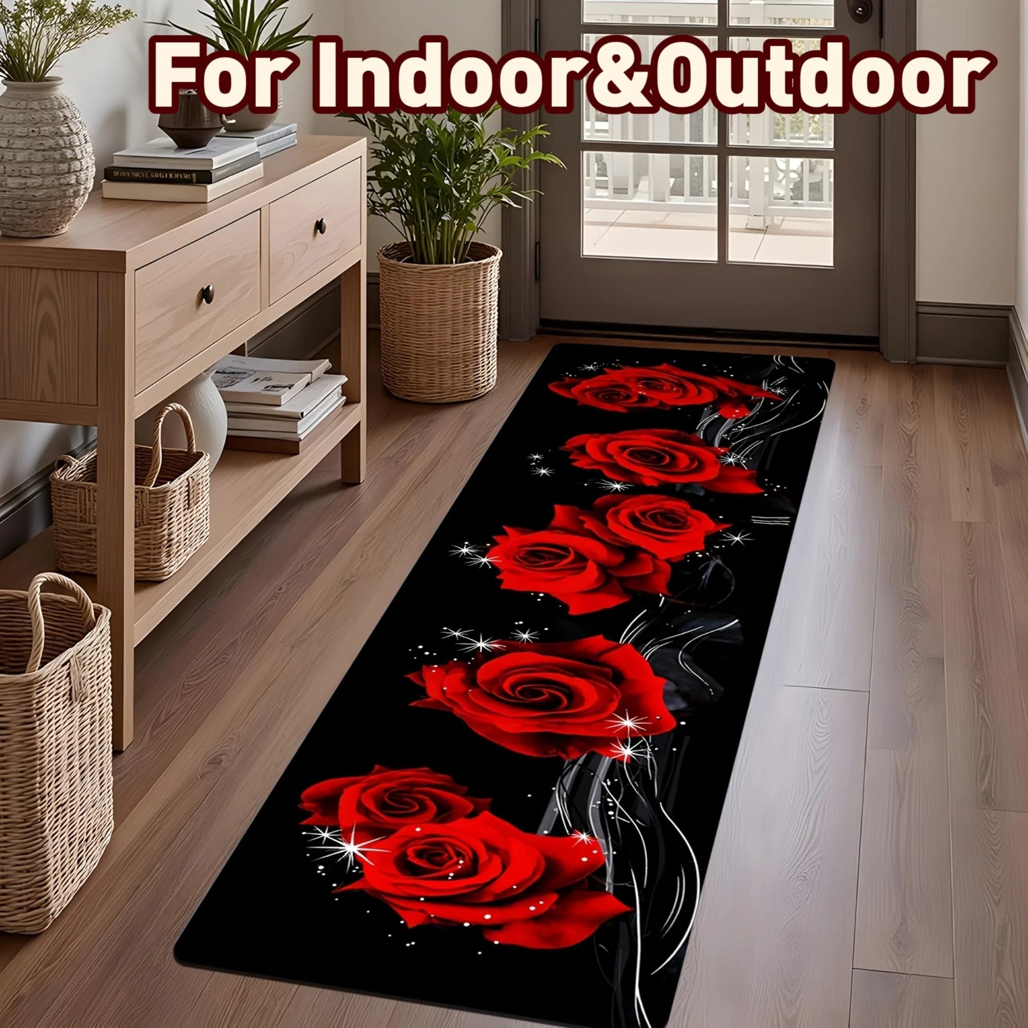 Luxury Sparkling Red Rose Kitchen Rug Non-Slip Washable Diatom Mud Carpet for Kitchen Hallway Entryway Living Room Decor