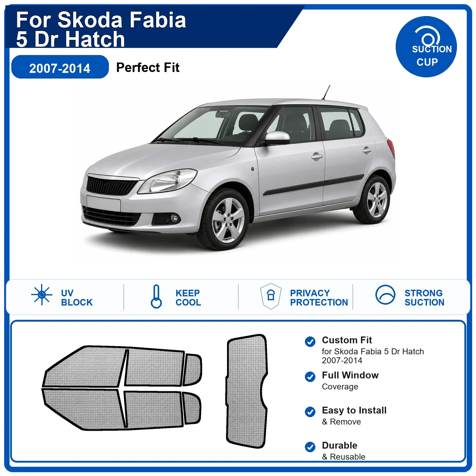For Skoda Fabia 5 Dr Hatch 2007-2014 Custom Full Set Windshield Sun Shade Aluminum Foil Heat Insulation Anti UV Foldable