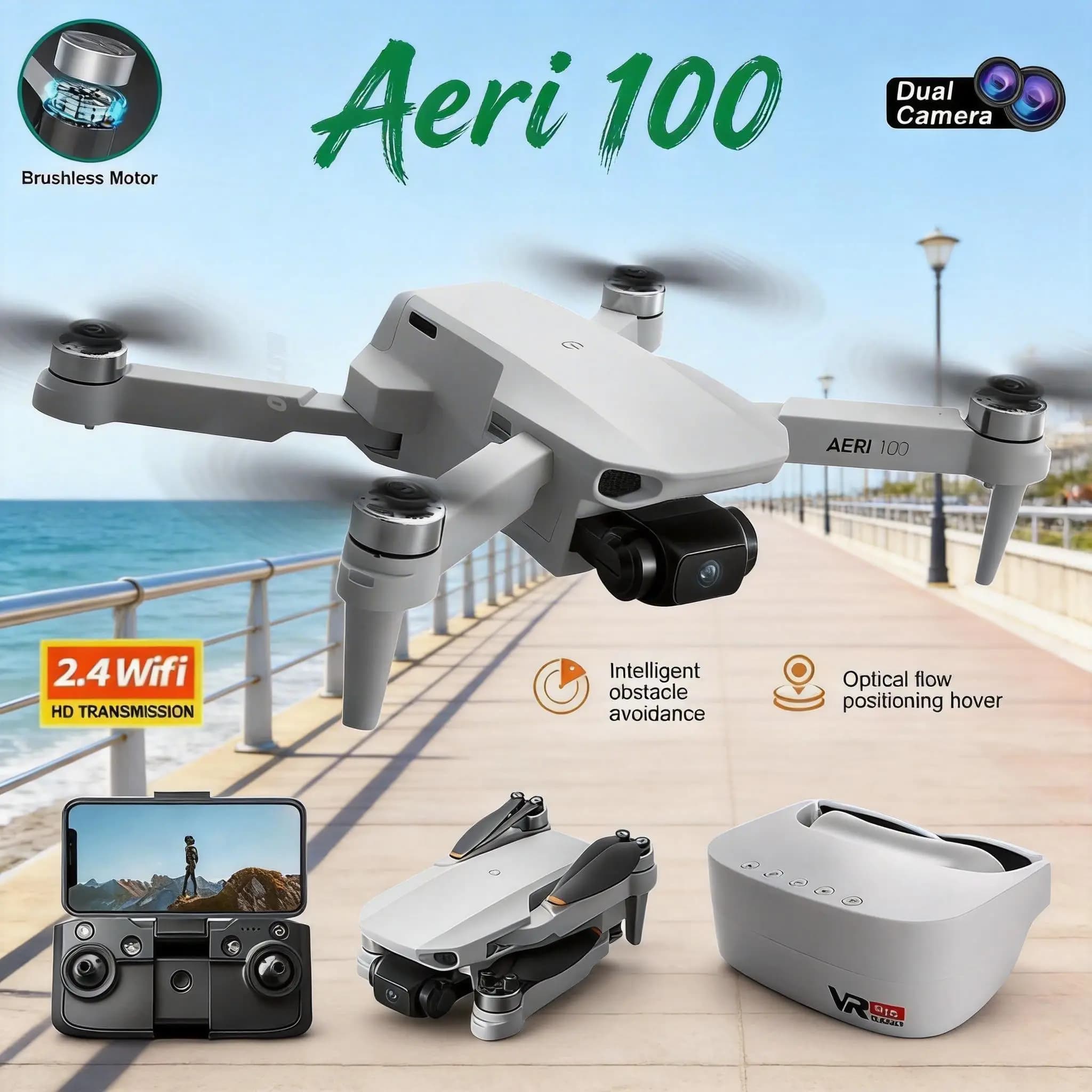 New Drone Aeri100 Mini Professional with Double Camera HD, WI-FI FPV UAV VR RC, Quadricottero Foldable for Air Photography, Toy Aircraft