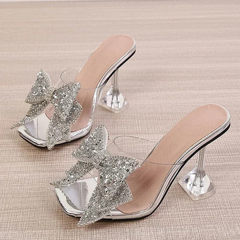 2025 nuove pantofole trasparenti per le donne moda argento cristallo bowknot tacchi alti ciabatte femminili diapositive sandali estivi scarpe