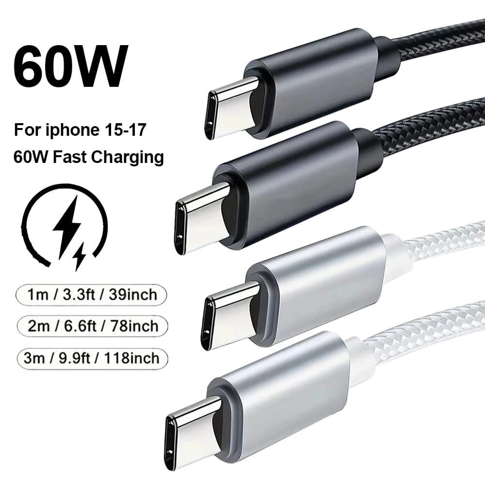 60W Braided USB C Cable 1M 2M 3M for Home Multi Device Fast Charge iPhone Samsung Laptop Kit Set Case Holder