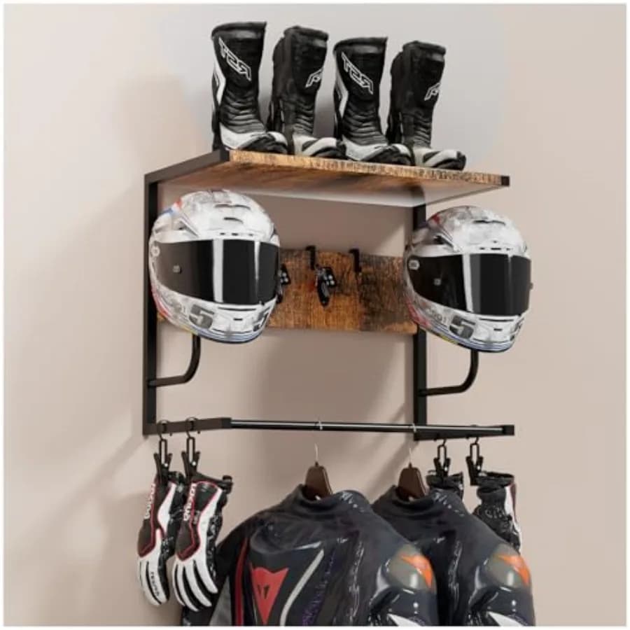 Supporto da parete per casco da moto con 4 ganci per guanti e 4 ganci, porta caschi rustico