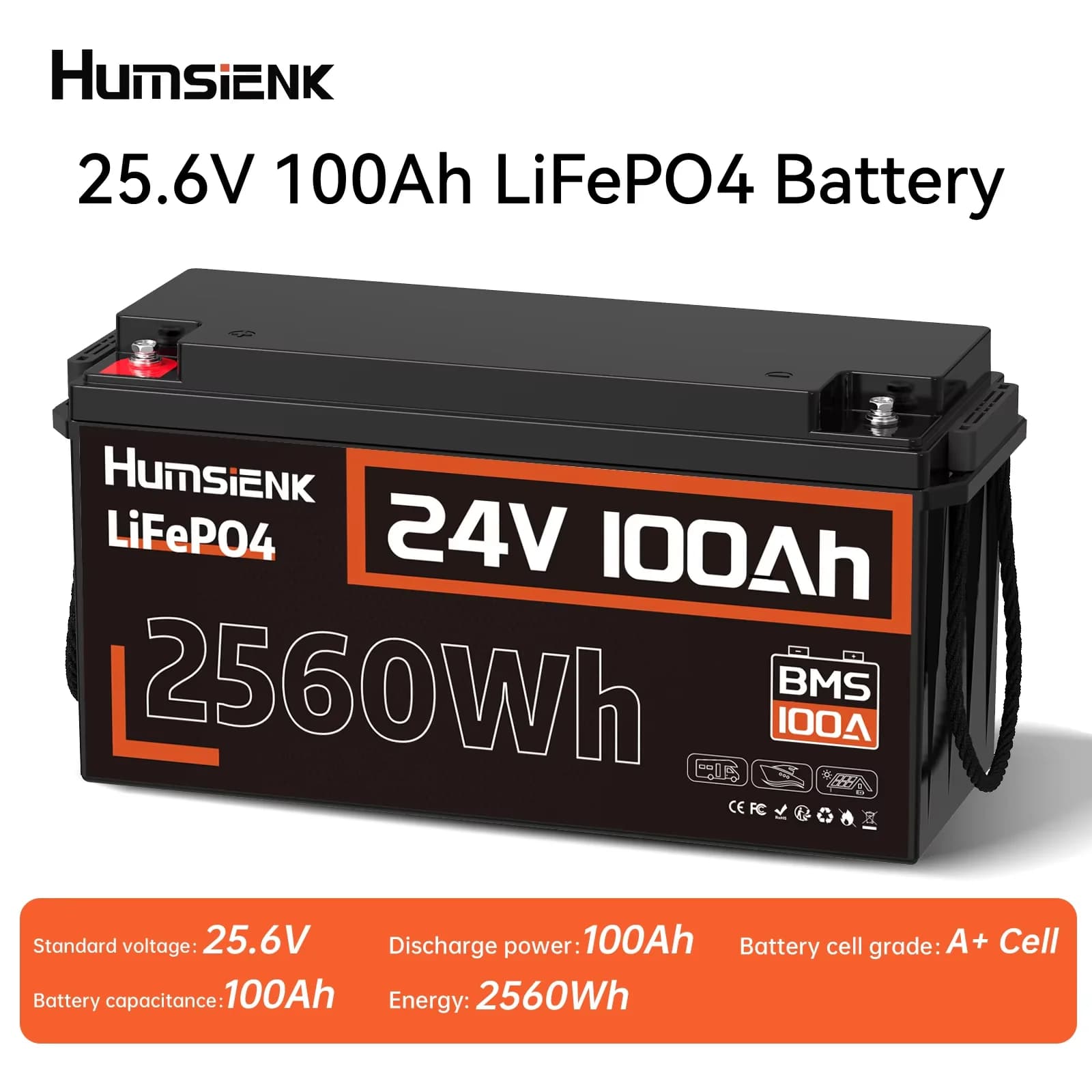 Battery LiFePO4 Humsienk 24V 100Ah, 15000 cycles, BMS 100A, up to 2560W for campers, solar, nautical, off-grid, 2 year warranty, UL 1973