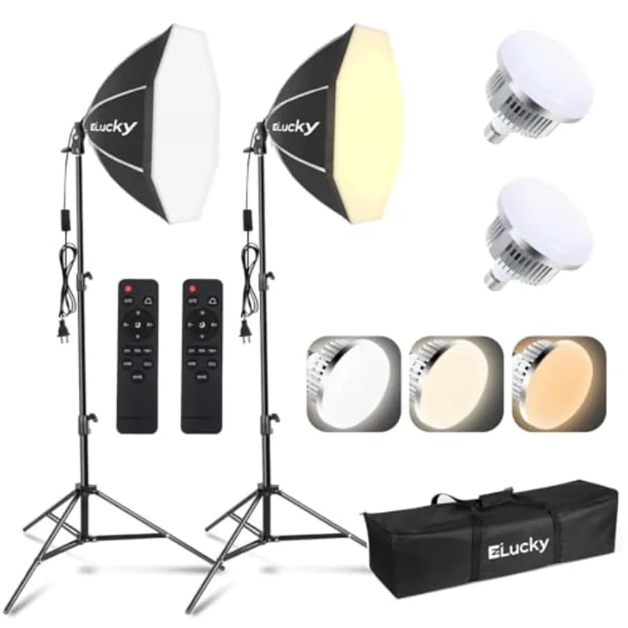 Kit di illuminazione softbox ottagonale da 20 pollici (confezione da 2) con luci da studio, lampadine LED da 85W a doppia regolazione 3000K-6500K e supporti per treppiede da 25-60 pollici