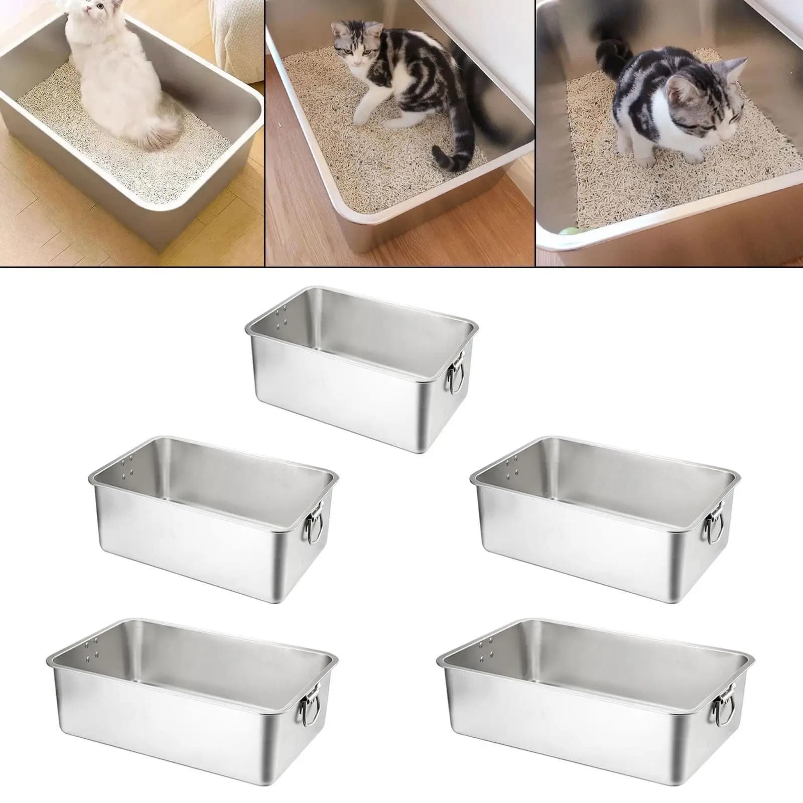 Lettiera per Gatti in Acciaio Inox con Bordi Alti, Vasca per Pulizia Gatti con Manico, Toilette per Gatti, Vassoio per Lettiera