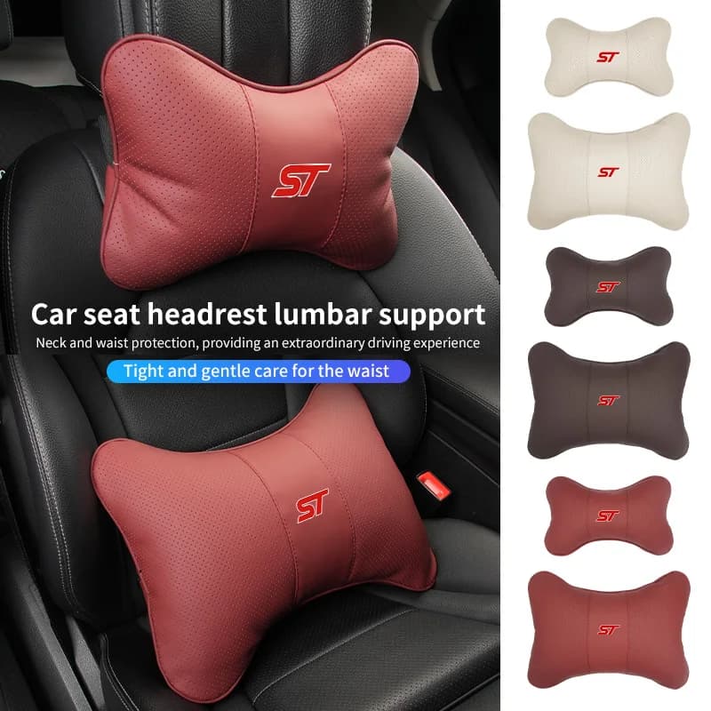 For Ford Car Seat Neck Pillow Lumbar Support Leather Headrest Waist Cushion ST Racing RS S Mustang Kuga Fiesta Fusion Mondeo