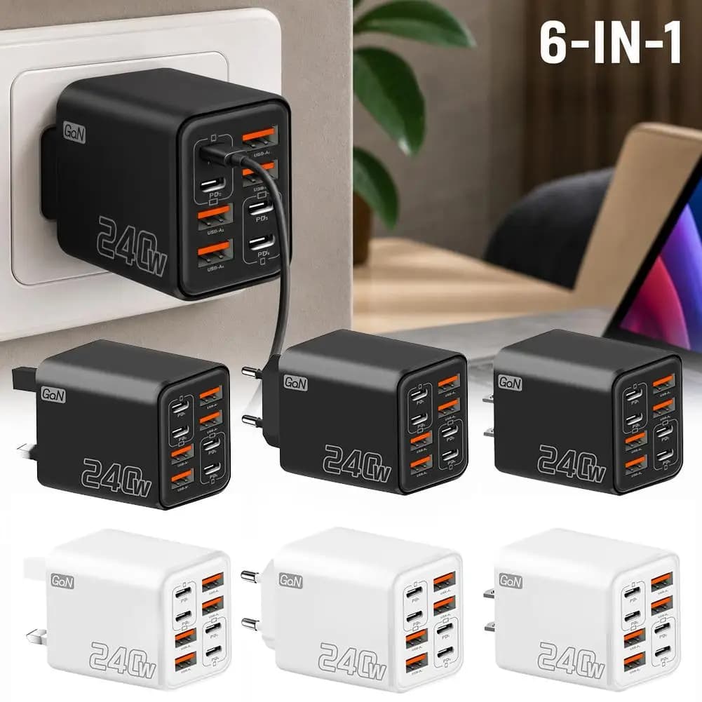 240W Multi Port USB Charger Block 8 Ports 4PD+4USB Fast Charging Adapter US EU UK Plug Portable Travel Wall Charger