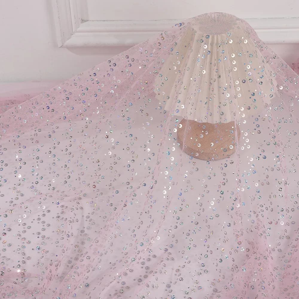 5M/lot 150Cm Wide Round Sequin Pink Tulle Mesh Fabric Iridescent Foil Net Cloth for Tutu Skirt Women Dress Clothing Veil F121