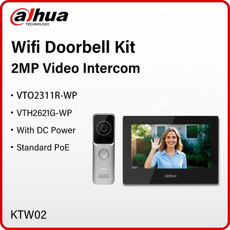 Dahua 2MP WiFi video intercom kit, Set Smart HD Doorbell with Internal Monitor, IR Night Vision, PoE KTW02 VTO2311R-WP VTH2621G-WP