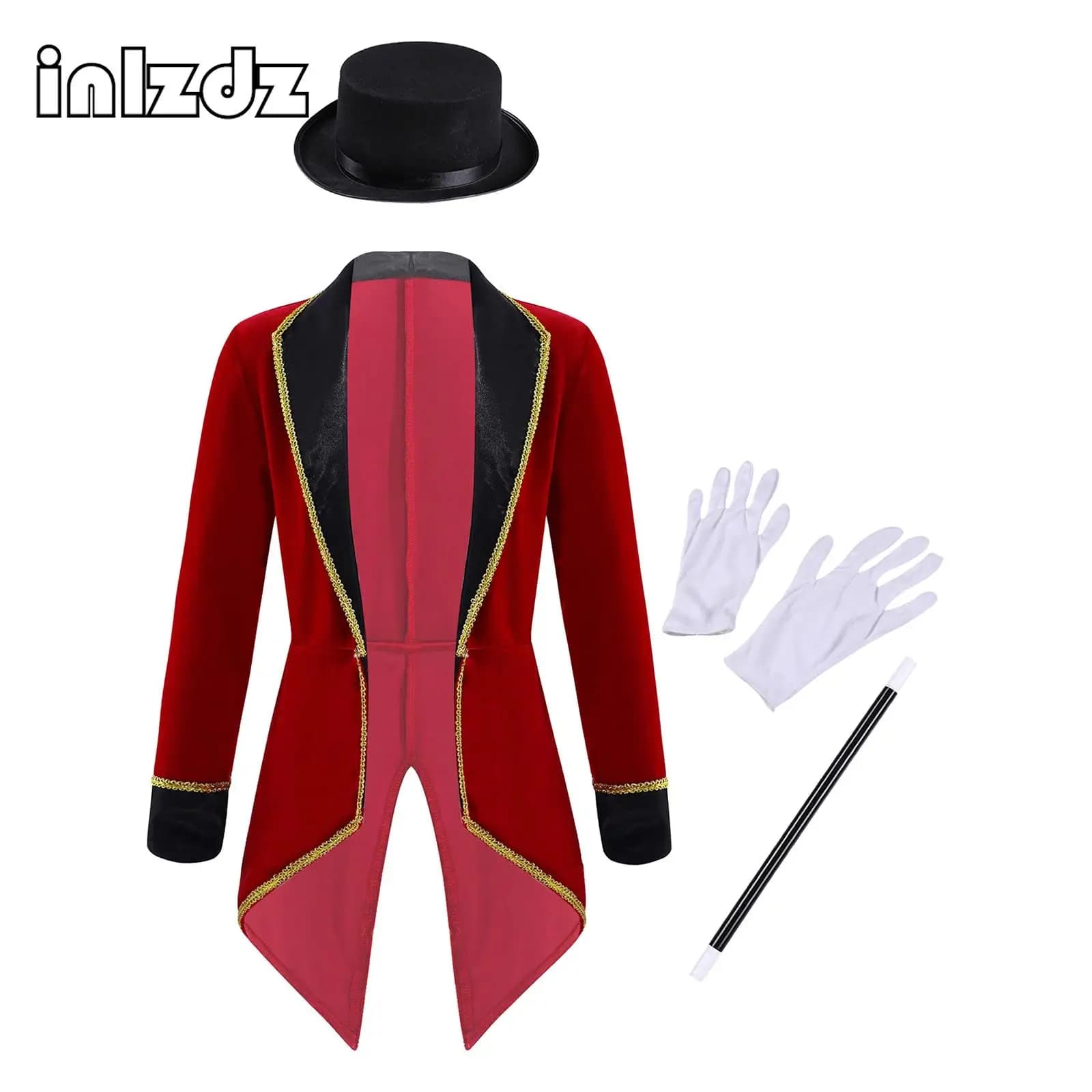 Ragazzi Ragazze Circo Ringmaster Showman Costume da mago Frac di Halloween Giacca con cappello Guanti Abiti per feste di fantasia