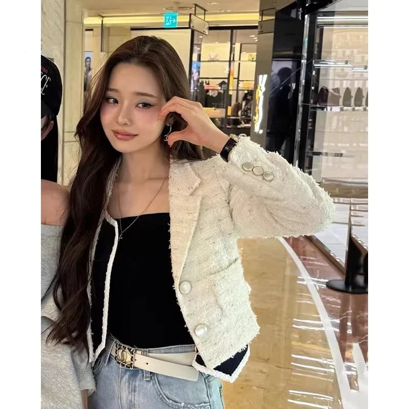 Giacca corta in lana EXJR Song Zhiya stile Small Fragrance, elegante, da donna, per il commuting, in tessuto spesso, con colletto a giacca, alla moda