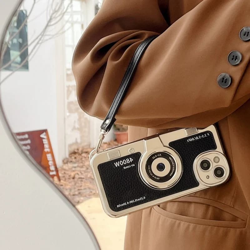 3D Camera Model Phone Case For iPhone 17 16 15 14 13 11 12 Pro Max Brief Electroplating Webcam Shockproof Cover With Lanyard