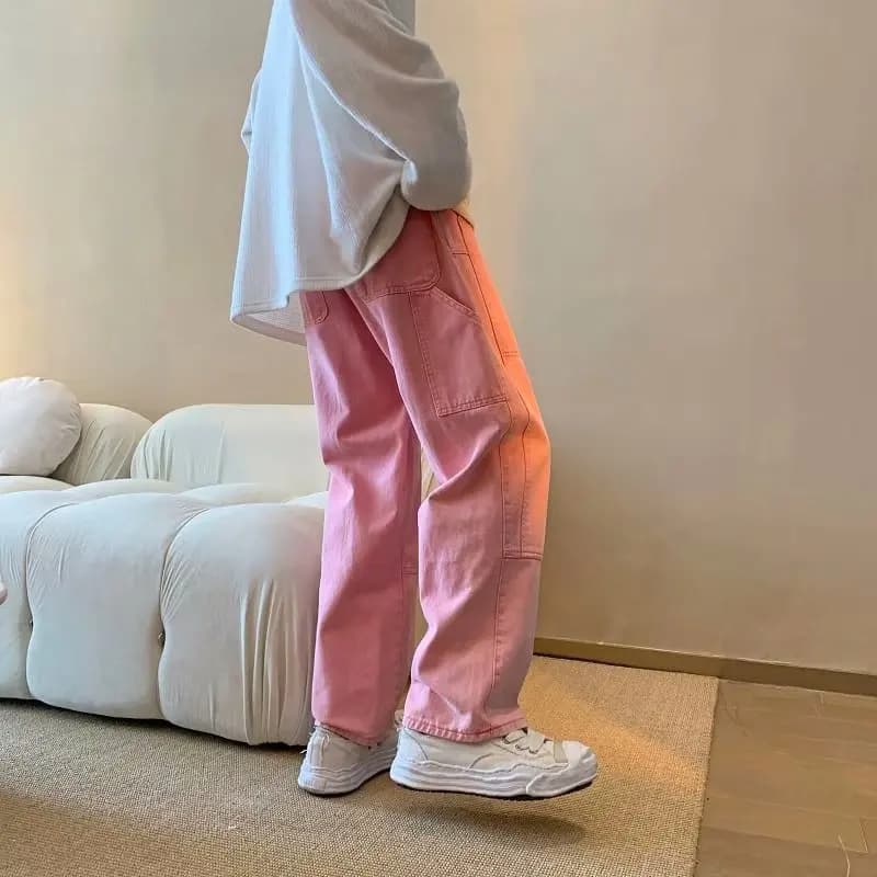 Nuovi Jeans Cargo Rosa Baggy alla Moda 2026 per Uomo, Eleganti Pantaloni Dritti Casual da Donna, Pantaloni Lunghi Tinta Unita, Abbigliamento Y2K, Pantalon Homme