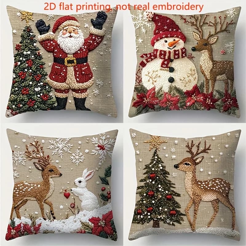 17.72inch Christmas Pillow Covers - Traditional Holiday Decorations with Santa, Snowman, Reindeer - Zipper Closure Cushion Cases