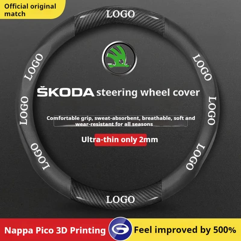 Leather car steering wheel cover suitable for Skoda Fabia SE, Octavia Mk3 Active, Karoq Octavia RS, Kodiaq Sportline, Enya iV