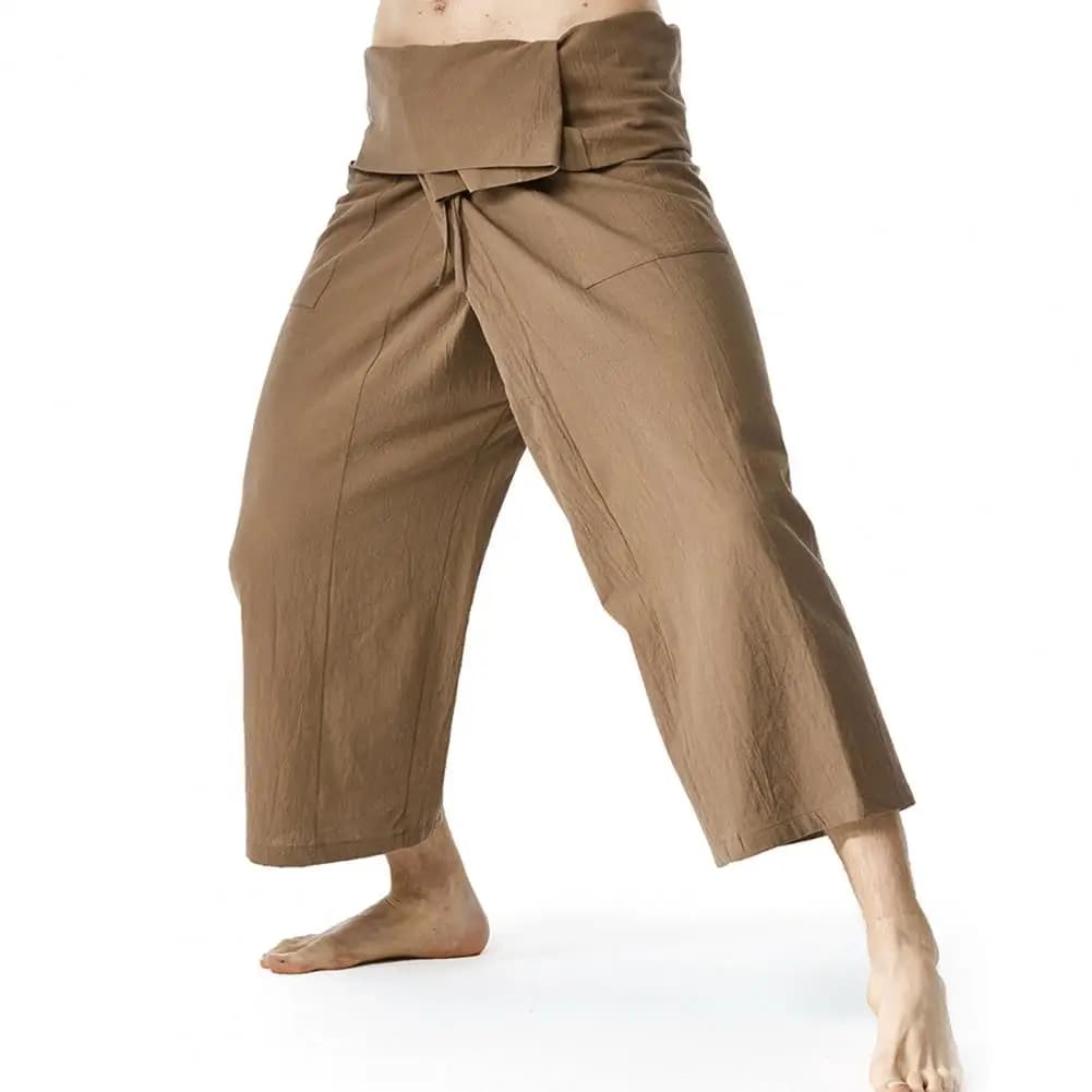 Pantaloni da pescatore tailandese in lino Pantaloni Harem da uomo larghi Tinta unita con coulisse Gambe larghe Pantaloni per arti marziali Pantaloni pirata casual