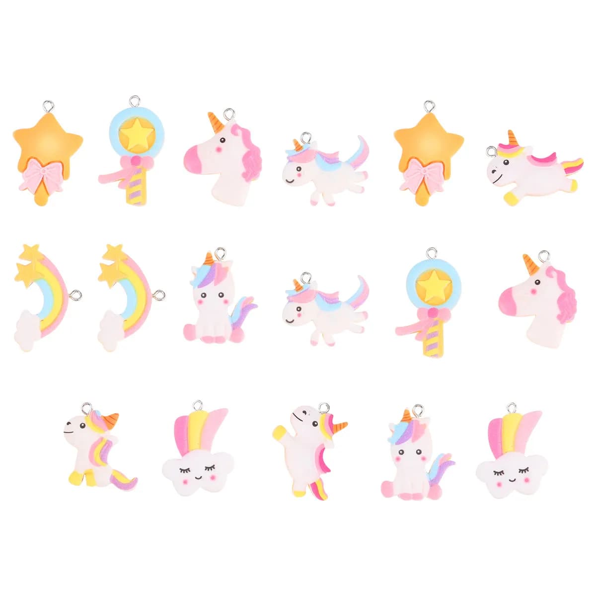 Set of 17 Pendants in Unicorn Shape Resin, Animated Carton Style, for Necklaces, Bracelets and Keychains, Rainbow Decorations Handmade