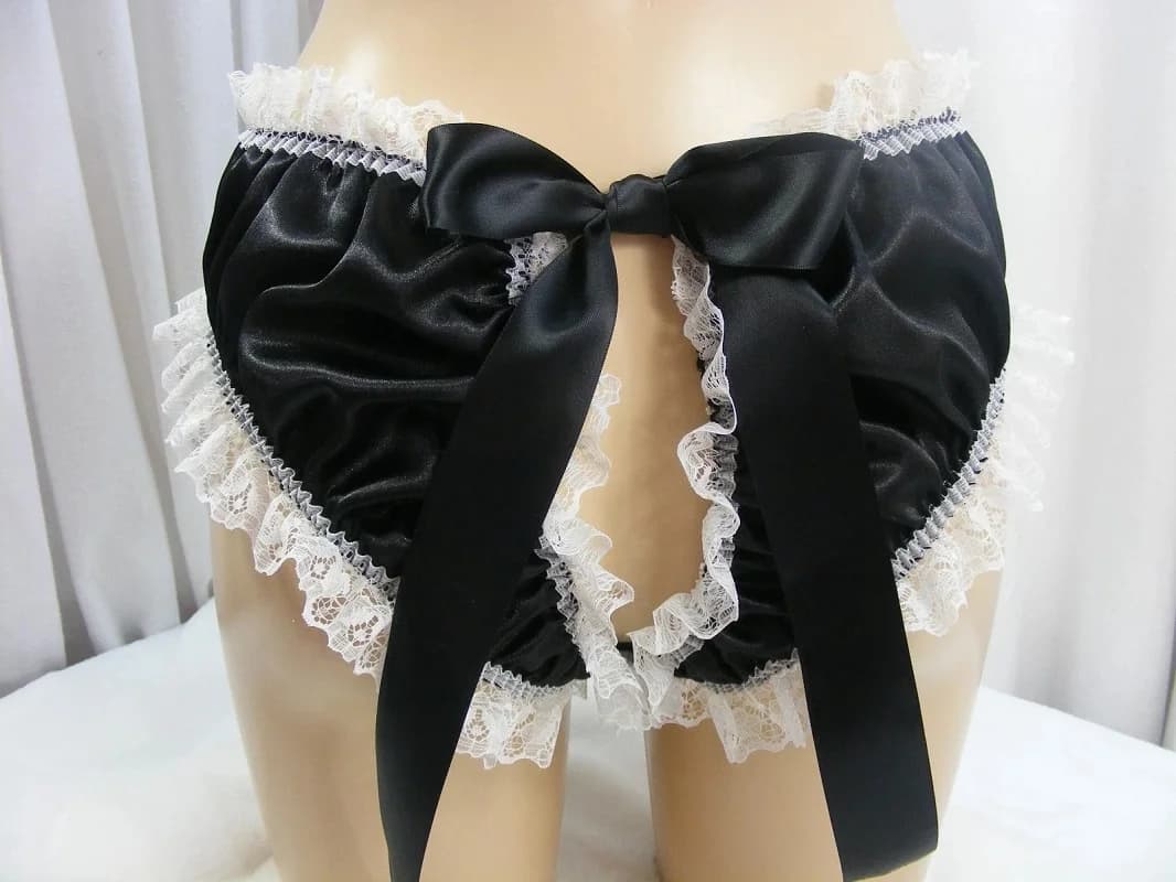 Black and white patchwork satin sexy thong pedophilic sissy maid outfit exposed buttocks underwear