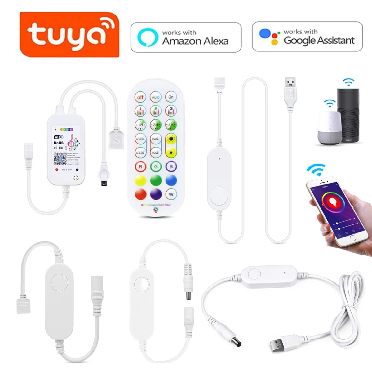 Controller WIFI DC12V-24V Tuya SmartLife, controller LED USB 5V, controller per strisce LED monocolore/RGB Controllo interruttore lampada dimmer