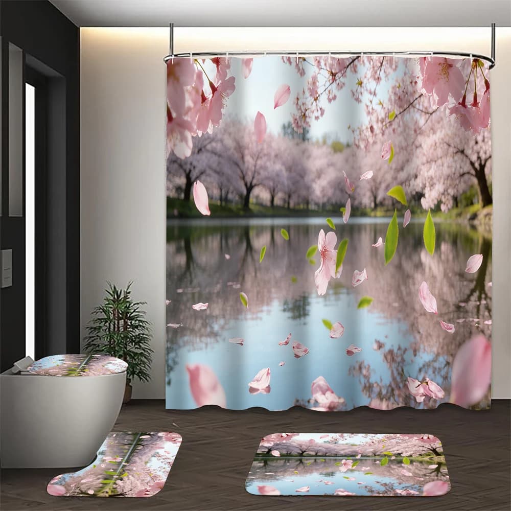 Set di 4/1 tende da doccia con motivo a fiori di ciliegio, decorazione per sedile WC, tenda da doccia con tappeto e coperchio per WC, dimensioni 70,8x70,8