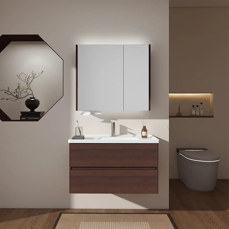 Mobile da Bagno Moderno con Specchio, Doppio Cassetto, Lavabo in Ceramica, Resistente all'Acqua per Hotel e Appartamenti