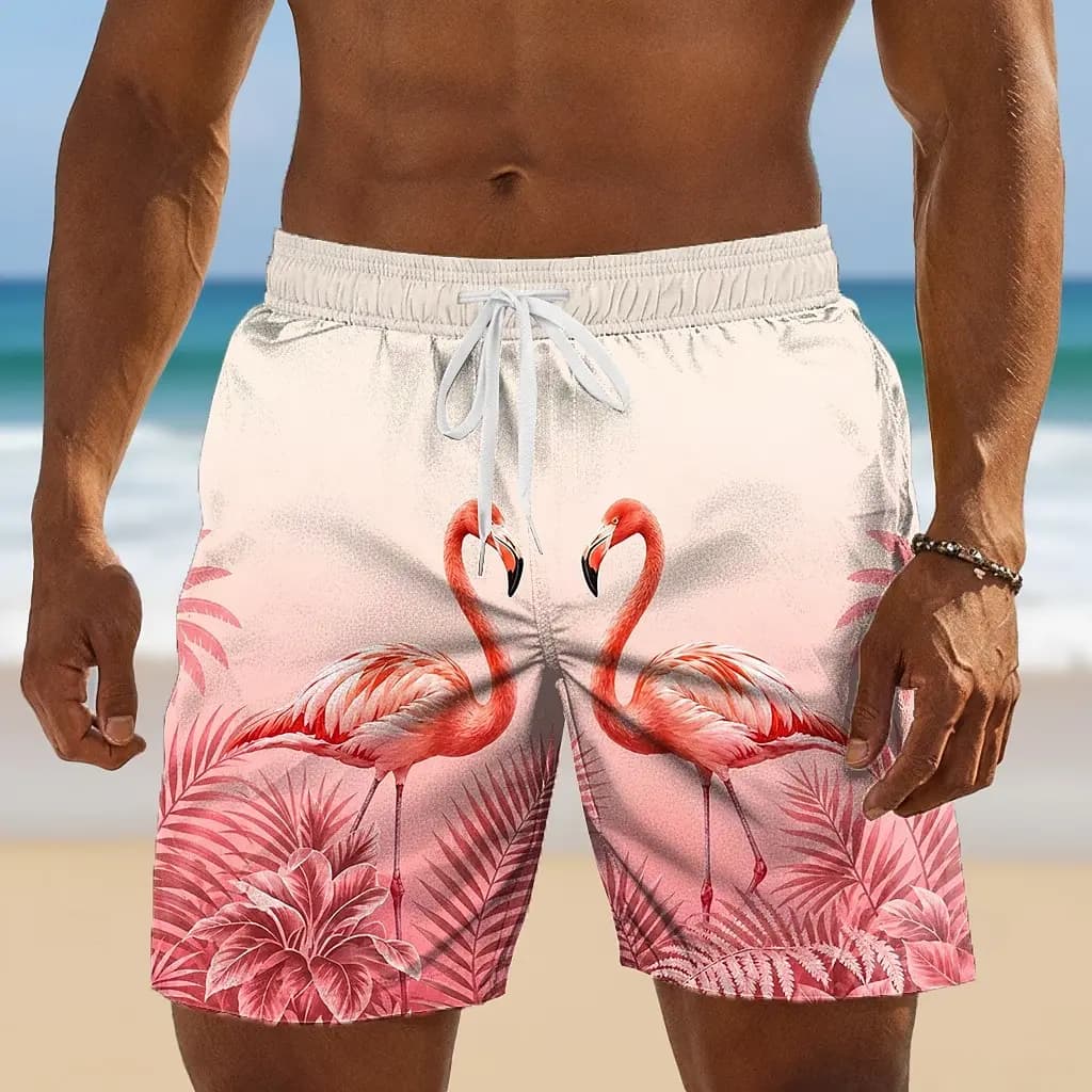 Men's Pink Flamingo Tropical Print Drawstring Shorts, Casual Loose Fit for Spring Summer Daily & Beach Vacation Activities