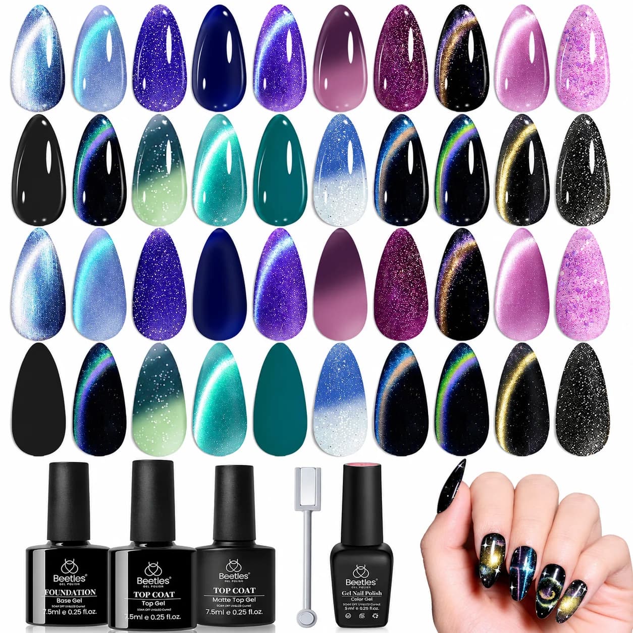 Beetles Cat Eye Gel Nail Polish Set, 20 Colors Magnetic Temperature Color-Changing Glitter Gel, UV LED Home Manicure Nail Gift