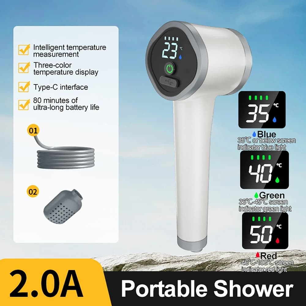 Doccia Elettrica Portatile 2.0A con Batteria Integrata, Display LCD Digitale, Spruzzatore per Bagno Cani, Strumento per il Bagno all'Aperto con Tubo da 2 Metri