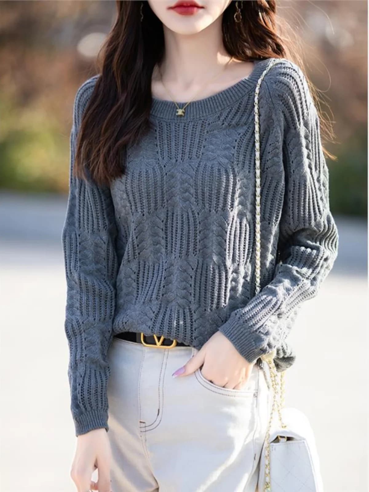 Spring New Style 100% Cotton Knitted round Neck Pullover Women's Base Shirt Elegant Sunscreen Fashionable Top Sweet Style