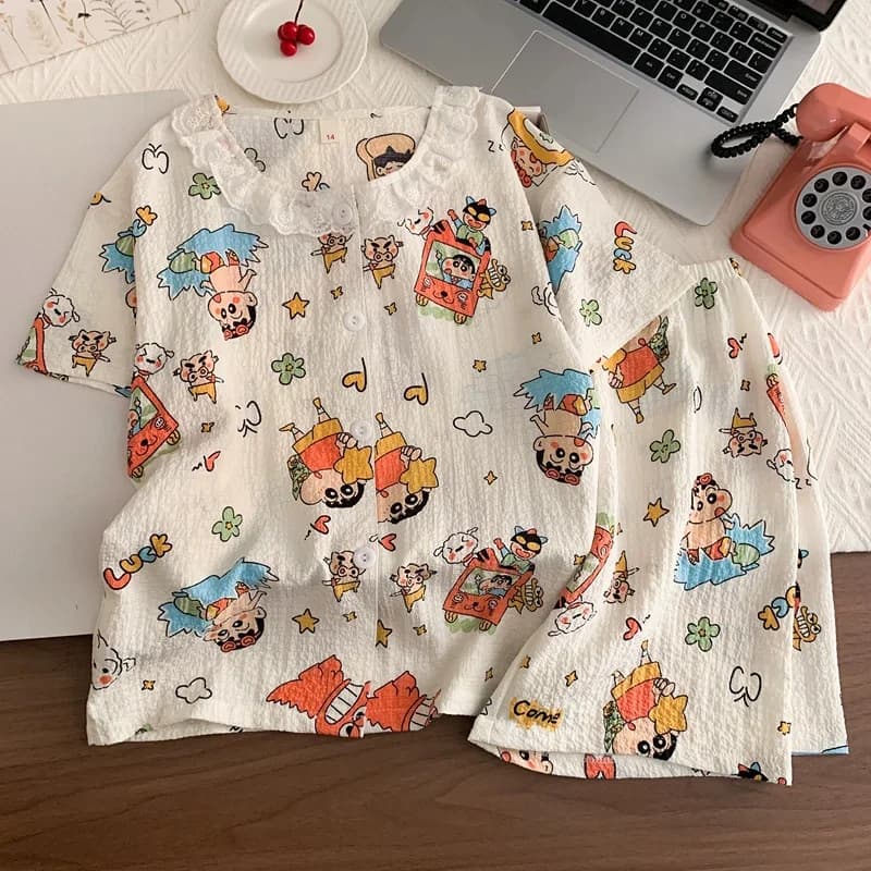 Pigiama Estivo per Bambini Crayon Shin-Chan, Set Cartone Animato Sottile con Colletto Peter Pan, Maniche Corte e Pantaloncini, per Ragazze e Ragazzi, Anime Kawaii, Abbigliamento da Casa