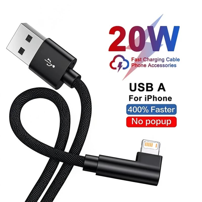Quick charging USB cable with 90 degree play elbow for iPhone 13 14 Pro Max XR XS 11 12 mini 6S 7 8 Plus Quick charging data cables