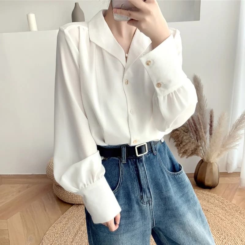 Camicia da donna in raso acetato, Nuova Collezione Primavera 2026, Top bianco protettivo solare, Stile dolce giapponese, Manica regolare