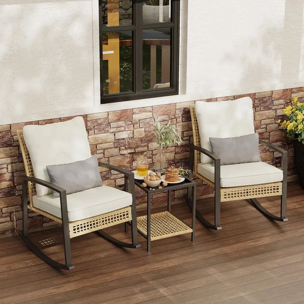 Set di 2 Sedie a Dondolo da Patio, Set Bistrot con Sedia a Dondolo da Esterno, Tavolino in Vetro Temperato e Cuscino Lombare Spesso