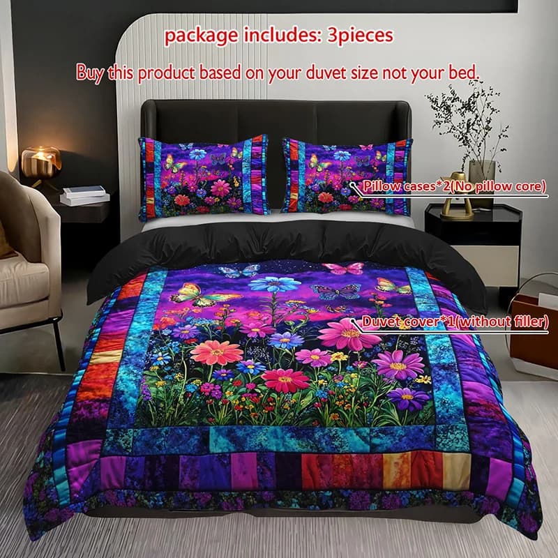 Set copripiumino per biancheria da letto floreale a farfalla da 3 pezzi Set trapunta per biancheria da letto da giardino vibrante Set trapunta per letto a tema patchwork Giardino notturno